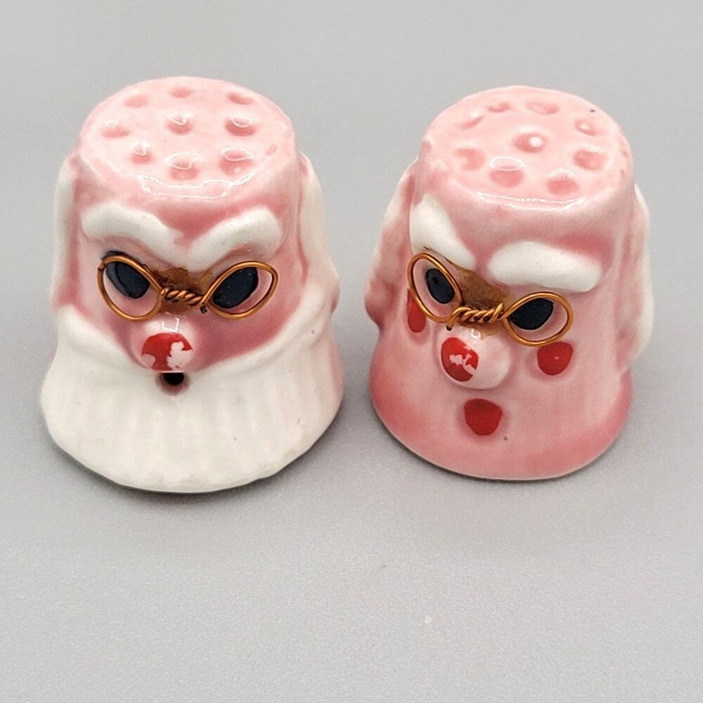 Santa and Mrs Claus Thimbles Set of 2 Christmas Collectibles Pink White Vtg